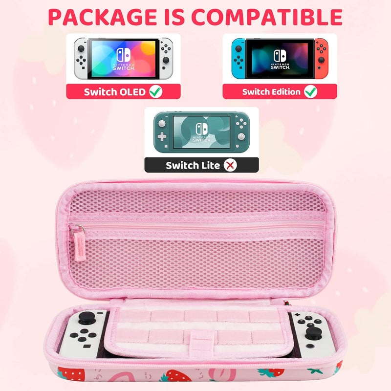 GLDRAM Carrying Case for Nintendo Switch & OLED, Accessories Bundle with Portable Travel Case, 2 Joycon TPU Protective Skin, Game Case, Adjustable Shoulder Strap and 2 Strawberry Thumb Caps, Pink - Image 5