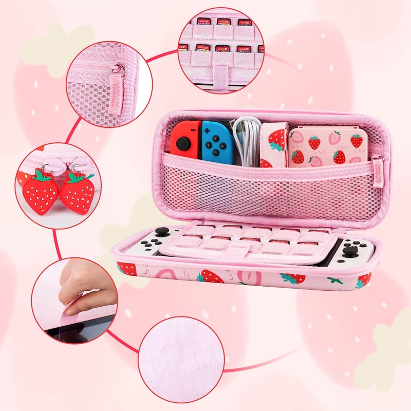 GLDRAM Carrying Case for Nintendo Switch & OLED, Accessories Bundle with Portable Travel Case, 2 Joycon TPU Protective Skin, Game Case, Adjustable Shoulder Strap and 2 Strawberry Thumb Caps, Pink - Image 2