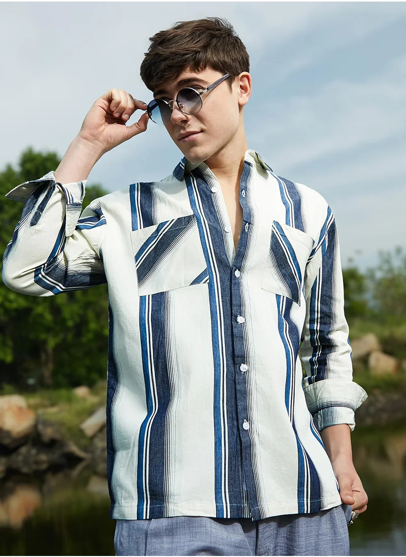 كامبوس سوترا Men's Prussian Blue & Off-White Shadow-Striped Oversized Shirt