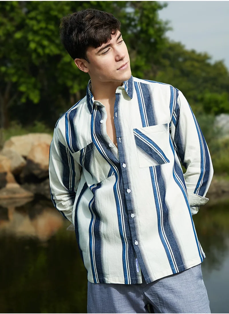 Campus Sutra Men's Prussian Blue & Off-White Shadow-Striped Oversized Shirt