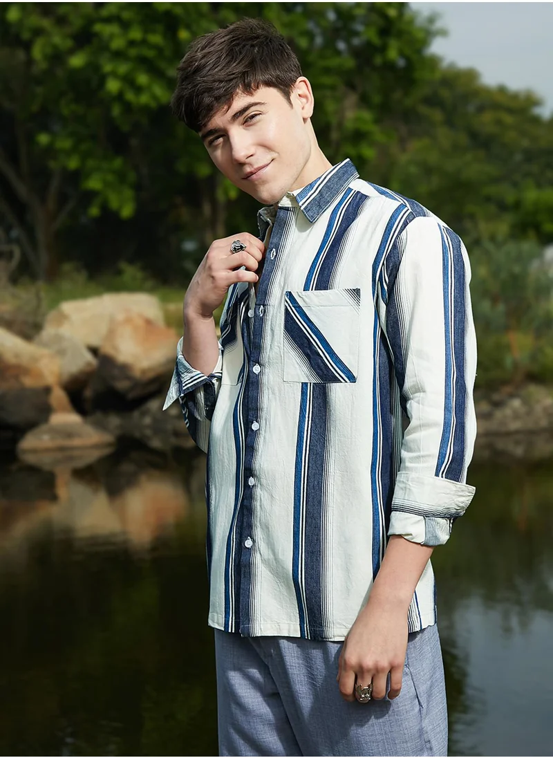 Campus Sutra Men's Prussian Blue & Off-White Shadow-Striped Oversized Shirt