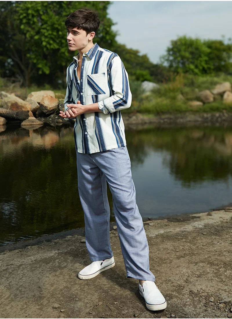 Campus Sutra Men's Prussian Blue & Off-White Shadow-Striped Oversized Shirt