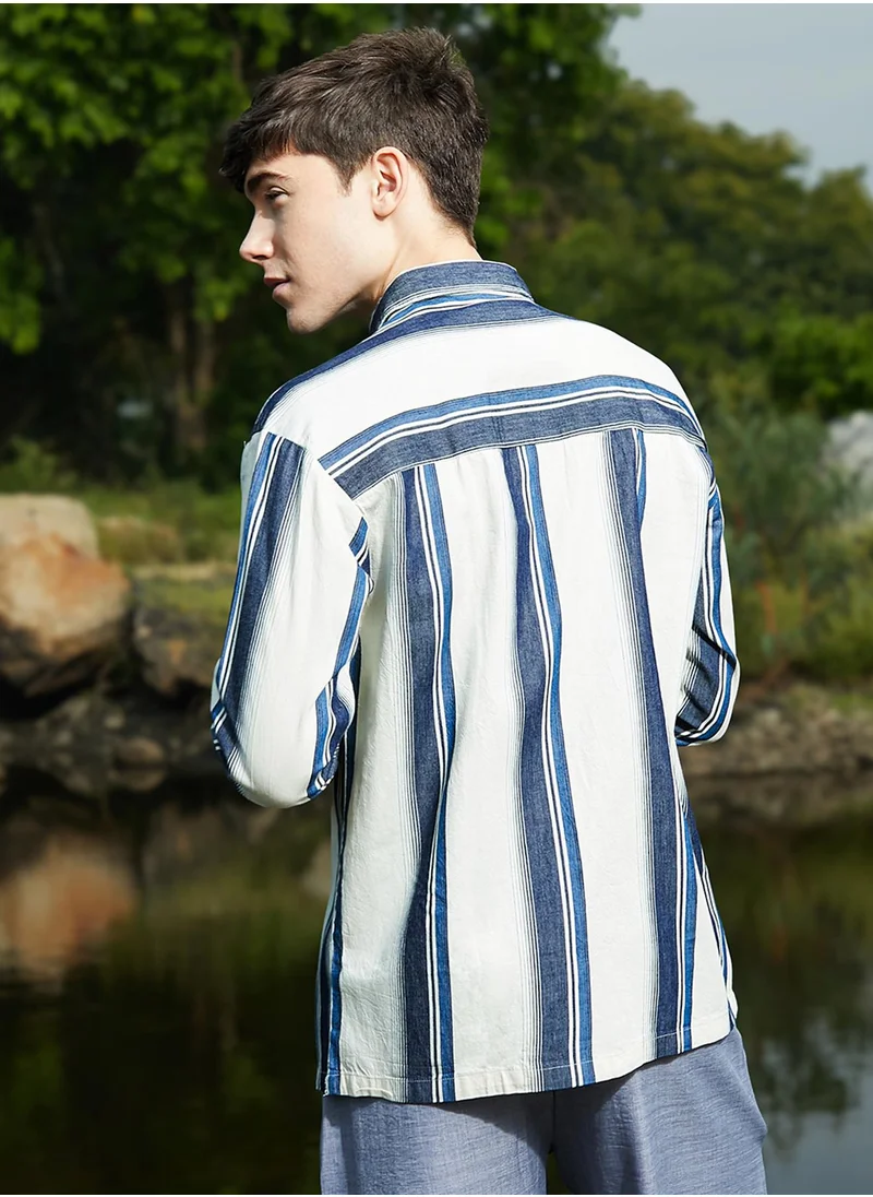 Campus Sutra Men's Prussian Blue & Off-White Shadow-Striped Oversized Shirt