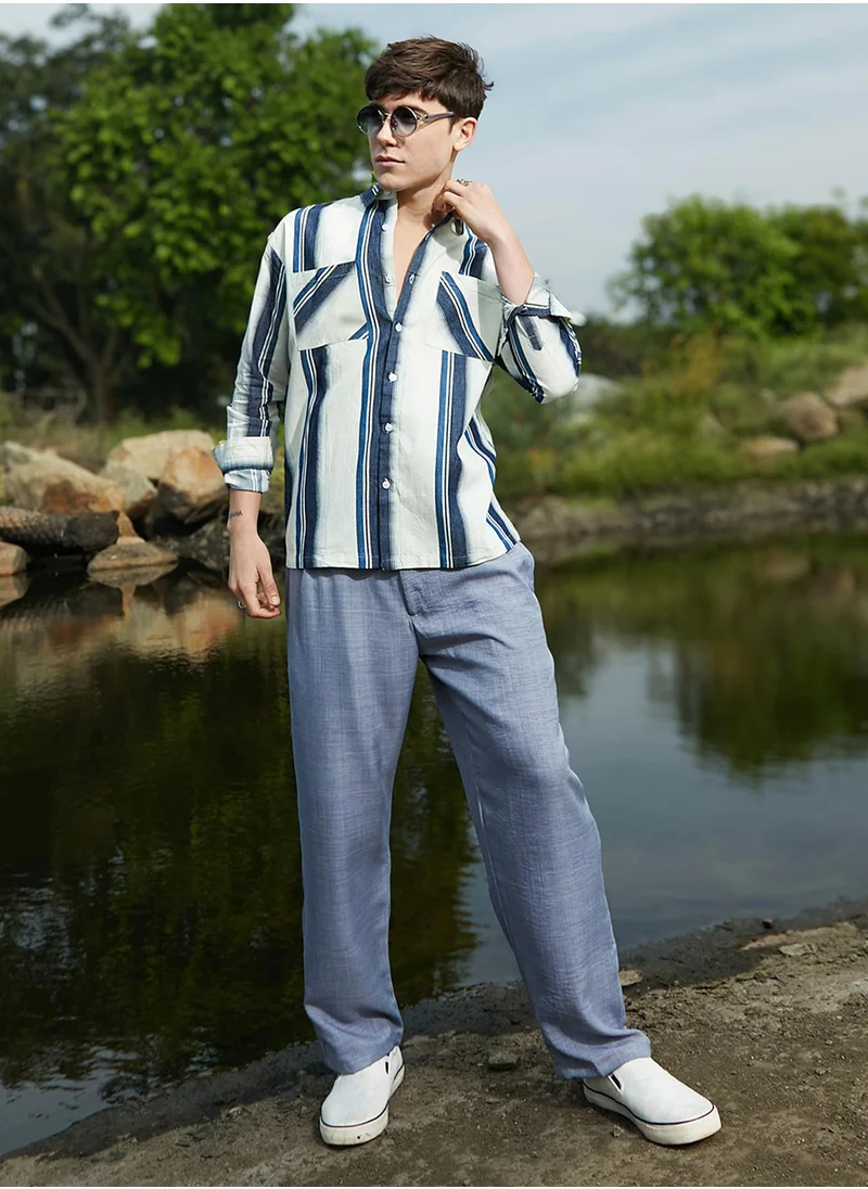 Campus Sutra Men's Prussian Blue & Off-White Shadow-Striped Oversized Shirt