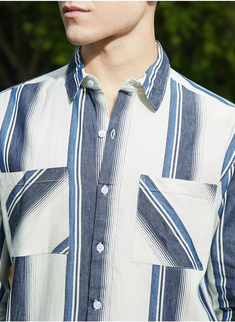 Campus Sutra Men's Prussian Blue & Off-White Shadow-Striped Oversized Shirt
