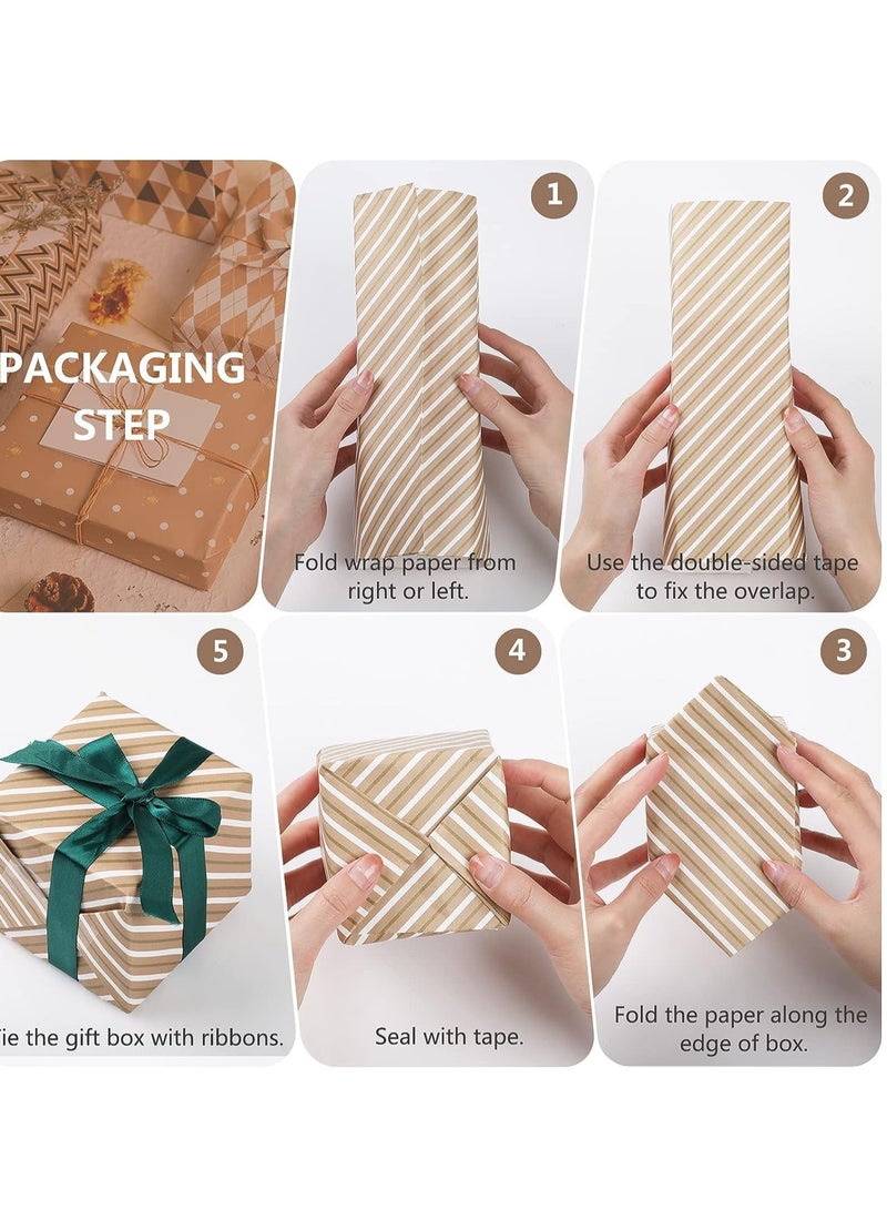 SYOSI Gift Wrapping Paper Birthday with Pull Bow Ribbon Recyclable Kraft Double Sided Tape Sticker for Wedding DIY Craft Kraft - Image 2