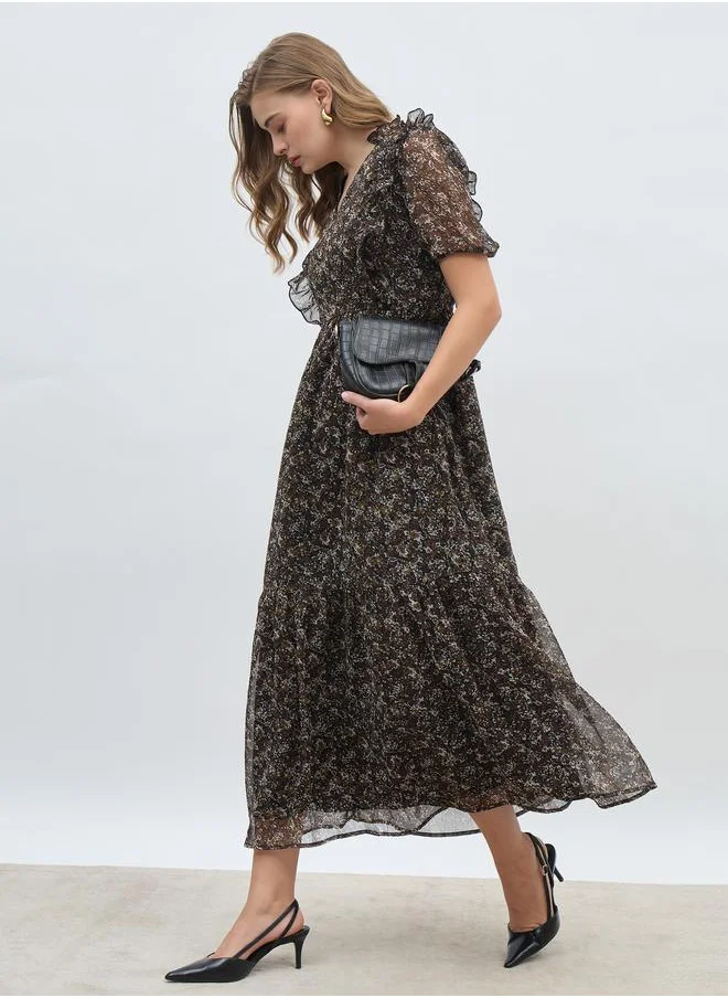 ستايلي Styli All-Over Floral Print Puff Sleeves A-Line Maxi Dress with Ruffle Detail