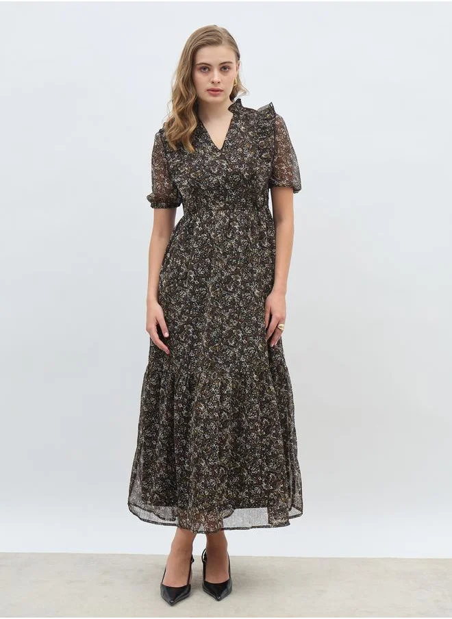ستايلي Styli All-Over Floral Print Puff Sleeves A-Line Maxi Dress with Ruffle Detail
