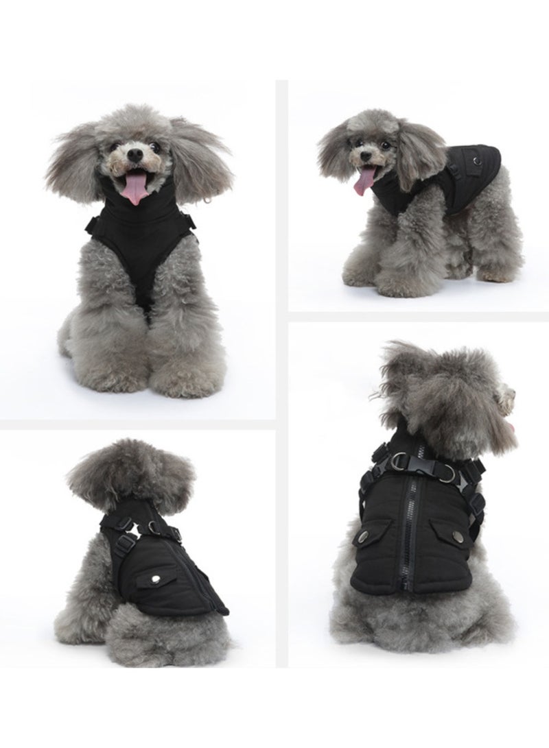جاكيت مع حزام، معطف جرو دافئ مبطن بالصوف للشتاء، سترة ناعمة مقاومة للرياح للكلاب الصغيرة والمتوسطة، لون أسود - Image 2