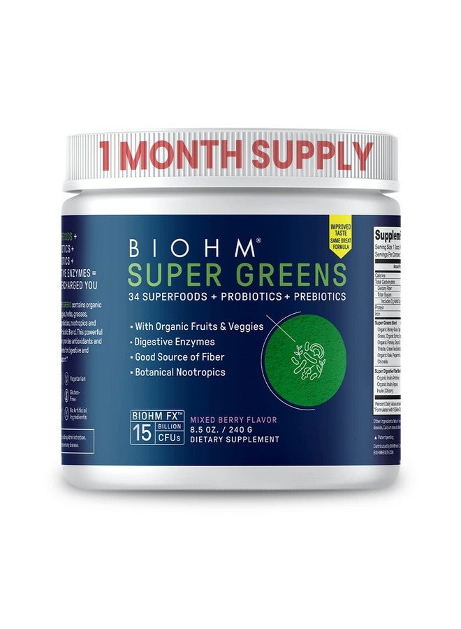 BIOHM Super Greens Green Superfood Powder Antioxidant Veggie Powder & Smoothie Mix With Digestive Enzymes Spirulina 34 Superfood With Prebiotics & Probiotics ; Mixed Berry Flavor (30 Servings) - Image 1