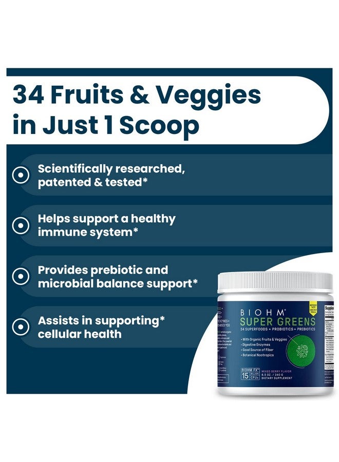 BIOHM Super Greens Green Superfood Powder Antioxidant Veggie Powder & Smoothie Mix With Digestive Enzymes Spirulina 34 Superfood With Prebiotics & Probiotics ; Mixed Berry Flavor (30 Servings) - Image 4