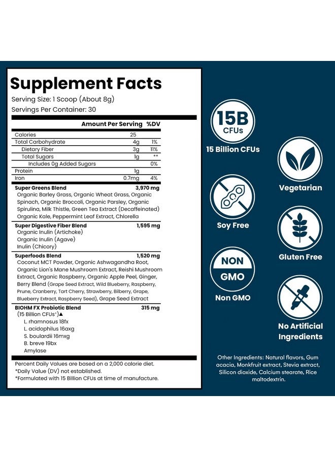 BIOHM Super Greens Green Superfood Powder Antioxidant Veggie Powder & Smoothie Mix With Digestive Enzymes Spirulina 34 Superfood With Prebiotics & Probiotics ; Mixed Berry Flavor (30 Servings) - Image 3