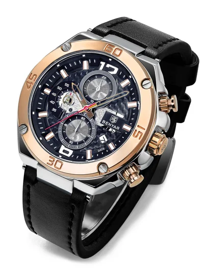 بينيار بينيار الرجال ساعات كرونوغراف تاريخ الماء الساعات الرياضية الجلدية حزام الأعمال ساعات المعصم