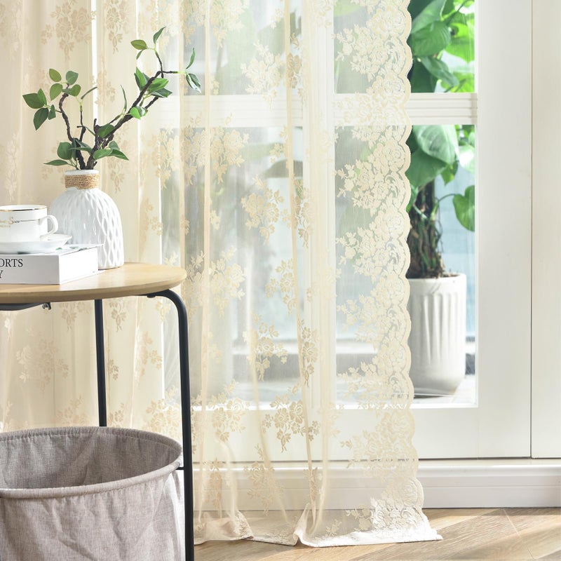 Kotile Beige Lace Curtains 84 Inches Long 2 Panels, Country Rustic Floral Pattern Vintage Sheer Lace Curtains for Living Room Bedroom, Rod Pocket Privacy Window Lace Curtain Panels, 42 x 84 Inch - Image 1
