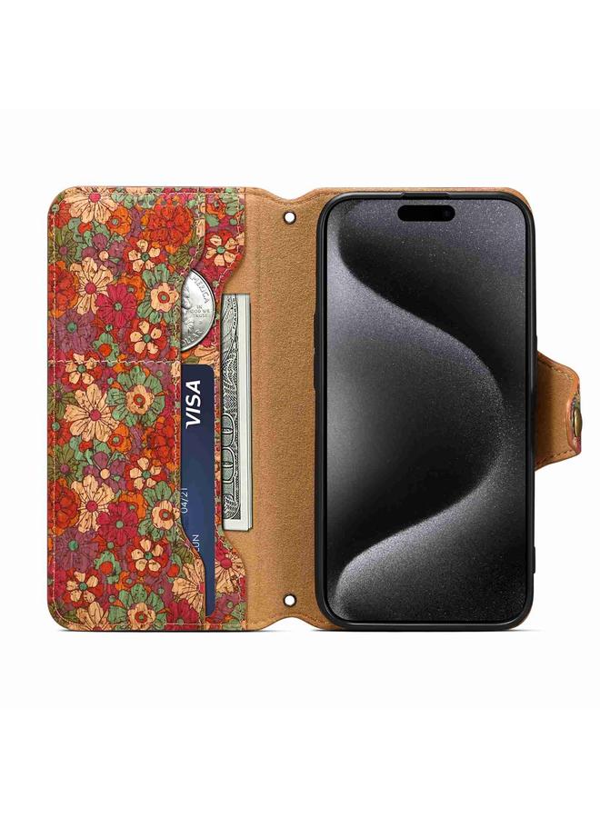 Denior Case For iPhone 15 Pro Max Flower Language Series Cork Fabric Oil Edge Leather Phone Case - Image 4