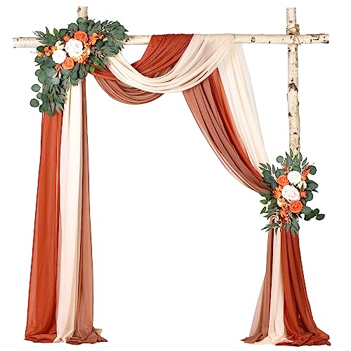 DearHouse 3 Panel Wedding Arch Draping Fabric,29.5" x18Ft Pearl Fabric Drapes for Wedding Sheer Backdrop (Champagne+Terracotta+Caramel) - Image 1