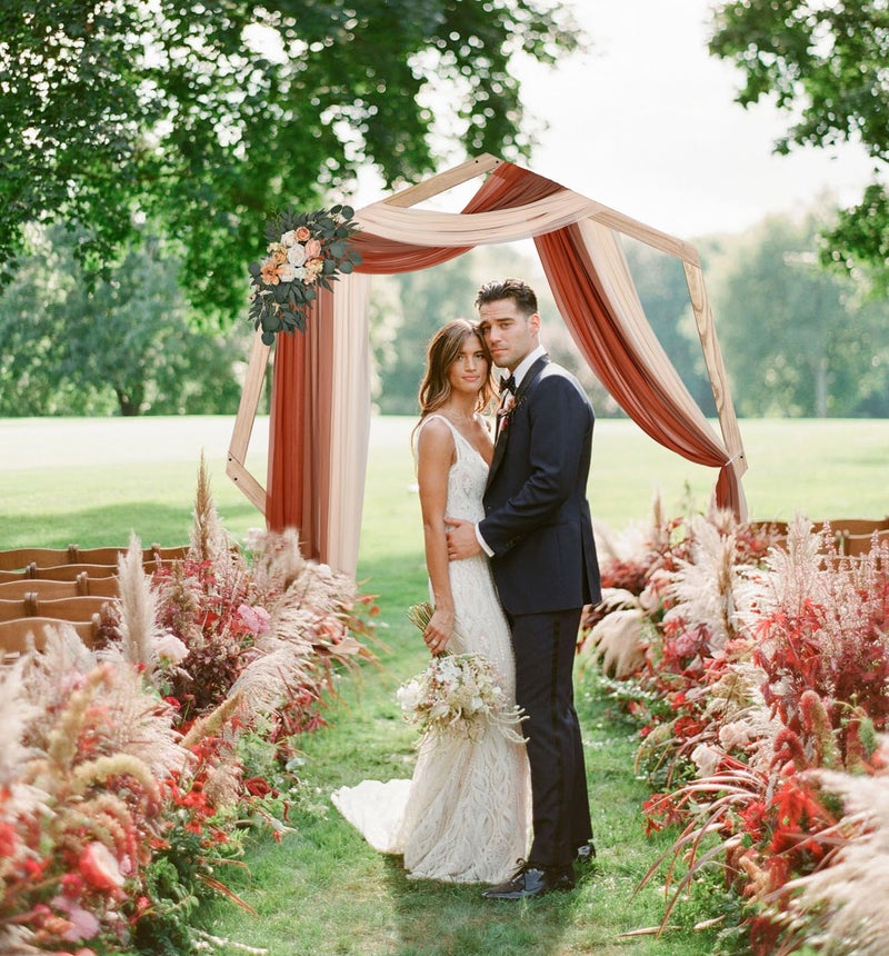 DearHouse 3 Panel Wedding Arch Draping Fabric,29.5" x18Ft Pearl Fabric Drapes for Wedding Sheer Backdrop (Champagne+Terracotta+Caramel) - Image 4