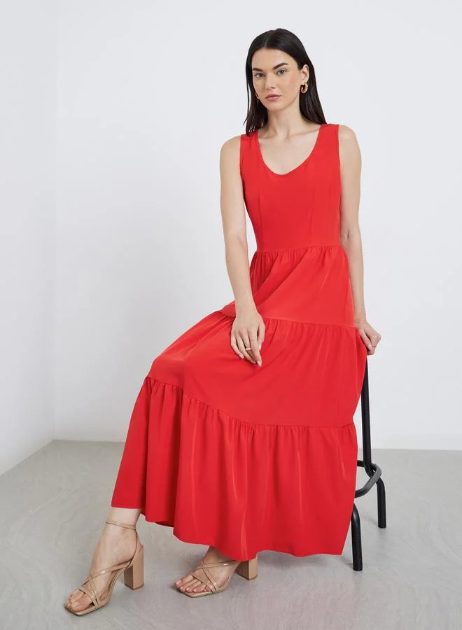 Take Two Take Two Solid Sleeveless Tiered Midi Dress