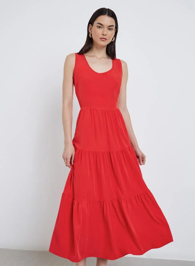Take Two Take Two Solid Sleeveless Tiered Midi Dress
