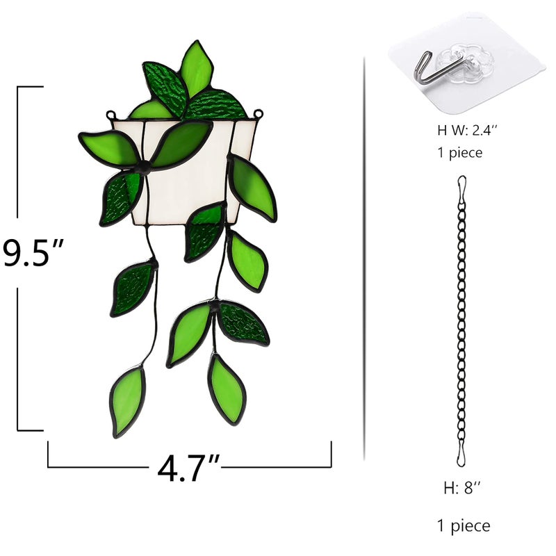 BOXCASA Green Plants Artificial Decor Handcrafted Green Fake Plant Stained Glass Window Hanging Faux Plant Suncatchers Decoration Plant Gift for Plant Lovers Mother Nana Grandma Aunt - Image 2