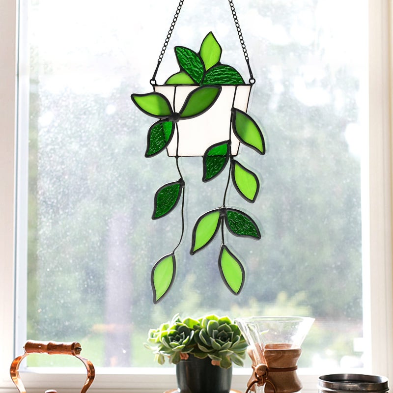 BOXCASA Green Plants Artificial Decor Handcrafted Green Fake Plant Stained Glass Window Hanging Faux Plant Suncatchers Decoration Plant Gift for Plant Lovers Mother Nana Grandma Aunt - Image 4