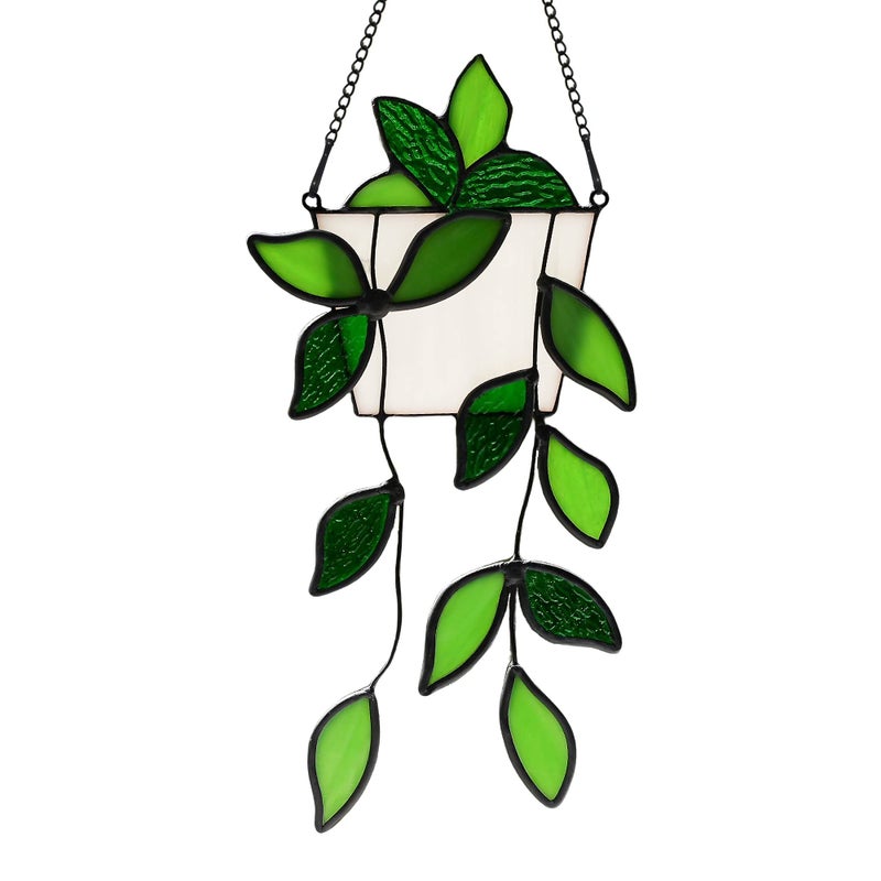 BOXCASA Green Plants Artificial Decor Handcrafted Green Fake Plant Stained Glass Window Hanging Faux Plant Suncatchers Decoration Plant Gift for Plant Lovers Mother Nana Grandma Aunt - Image 1