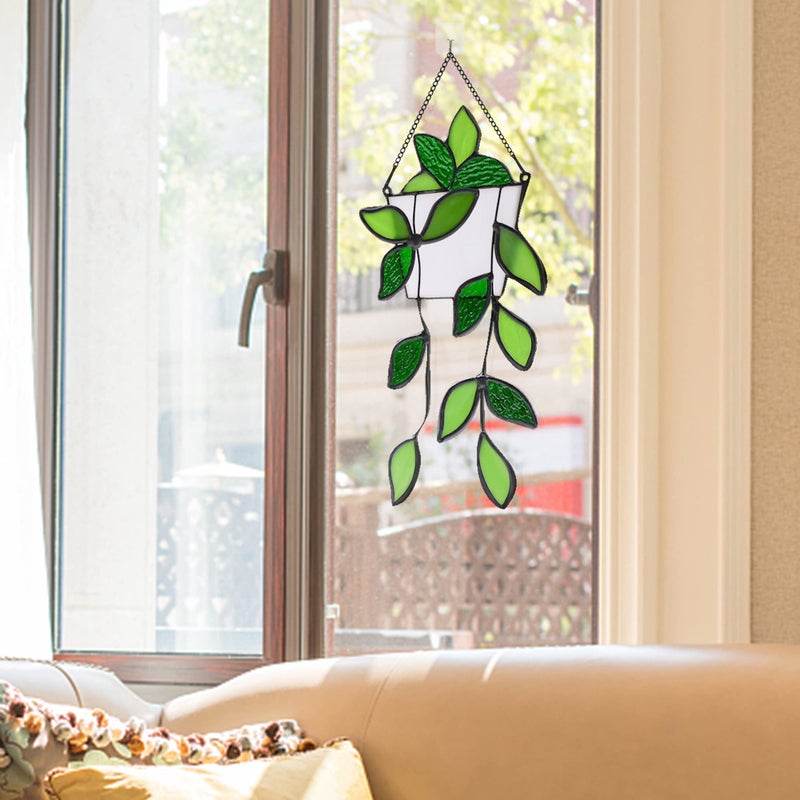 BOXCASA Green Plants Artificial Decor Handcrafted Green Fake Plant Stained Glass Window Hanging Faux Plant Suncatchers Decoration Plant Gift for Plant Lovers Mother Nana Grandma Aunt - Image 3