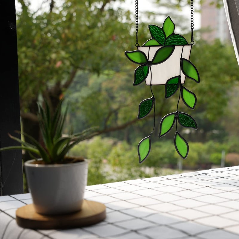 BOXCASA Green Plants Artificial Decor Handcrafted Green Fake Plant Stained Glass Window Hanging Faux Plant Suncatchers Decoration Plant Gift for Plant Lovers Mother Nana Grandma Aunt - Image 5
