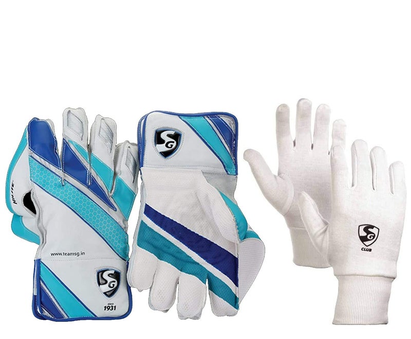 قفازات كريكيت للحفاظ على النادي - قفازات الحفاظ على ويكيت للرجال (متعددة الألوان) + قفازات قطنية داخلية للنادي (بيضاء)