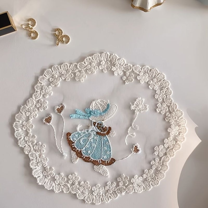 Blue Skirt Girl Embroidered Hollow Cup Coaster Vase Mat Home Decor Placemat - Image 2