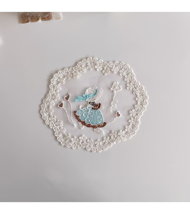 Blue Skirt Girl Embroidered Hollow Cup Coaster Vase Mat Home Decor Placemat - Image 5