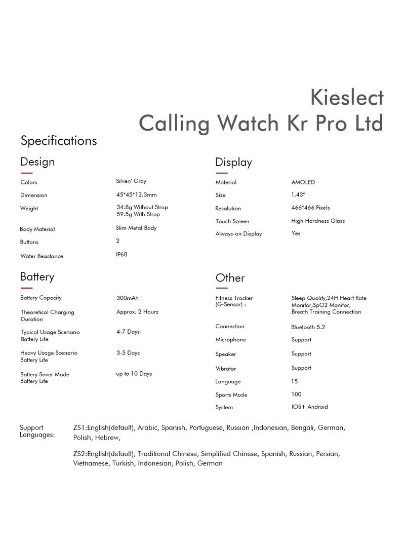 KIESLECT - Smart Calling Watch KR PRO LTD With 1.43'' HD AMOLED Dynamic AOD Display/24H Health Monitor/100-Sport Modes/ Double Straps（Gray - Image 1