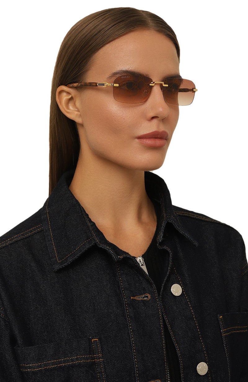 Gucci GG1221S 003 56 Rimless Rectangular Sunglasses for Unisex – Gold and Tortoise Metal Frame with Brown Tinted Lenses - Image 4