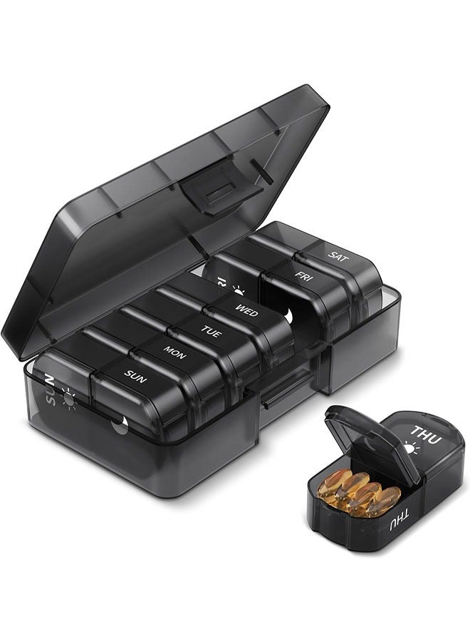 Pill Organiser 7 Day, Weekly Pill Box 2 Times a Day for AM PM, Travel Tablet Organiser with 14 Large Compartments, for Vitamins Supplements Medication (Black) - Image 1