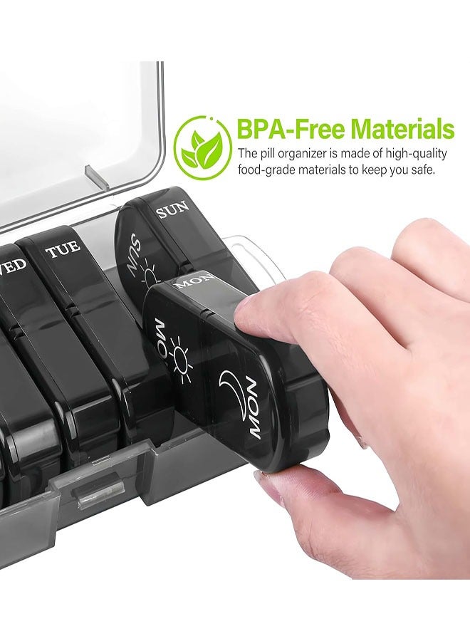 Pill Organiser 7 Day, Weekly Pill Box 2 Times a Day for AM PM, Travel Tablet Organiser with 14 Large Compartments, for Vitamins Supplements Medication (Black) - Image 2