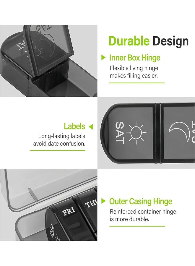 Pill Organiser 7 Day, Weekly Pill Box 2 Times a Day for AM PM, Travel Tablet Organiser with 14 Large Compartments, for Vitamins Supplements Medication (Black) - Image 5