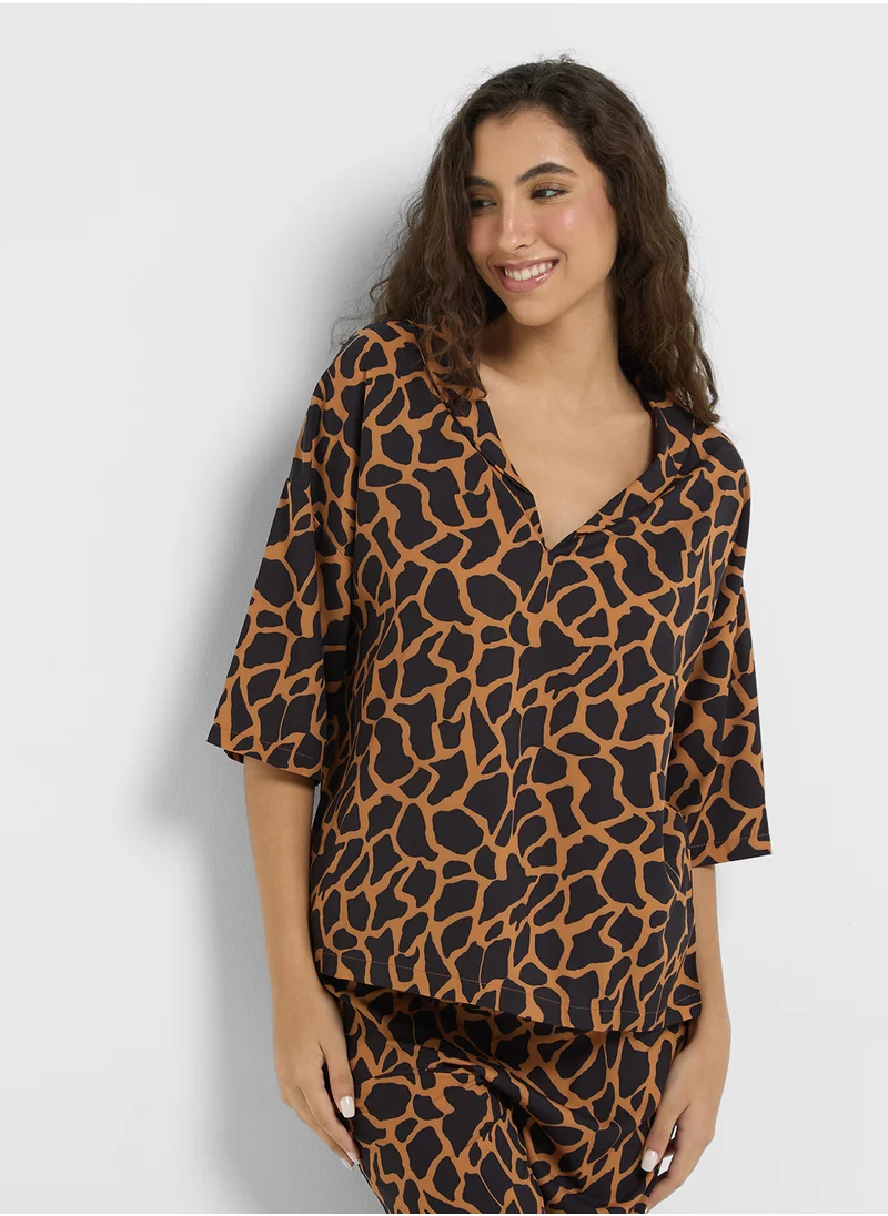 جينجر Leopard Print Relaxed Shirt & Pyjama Set