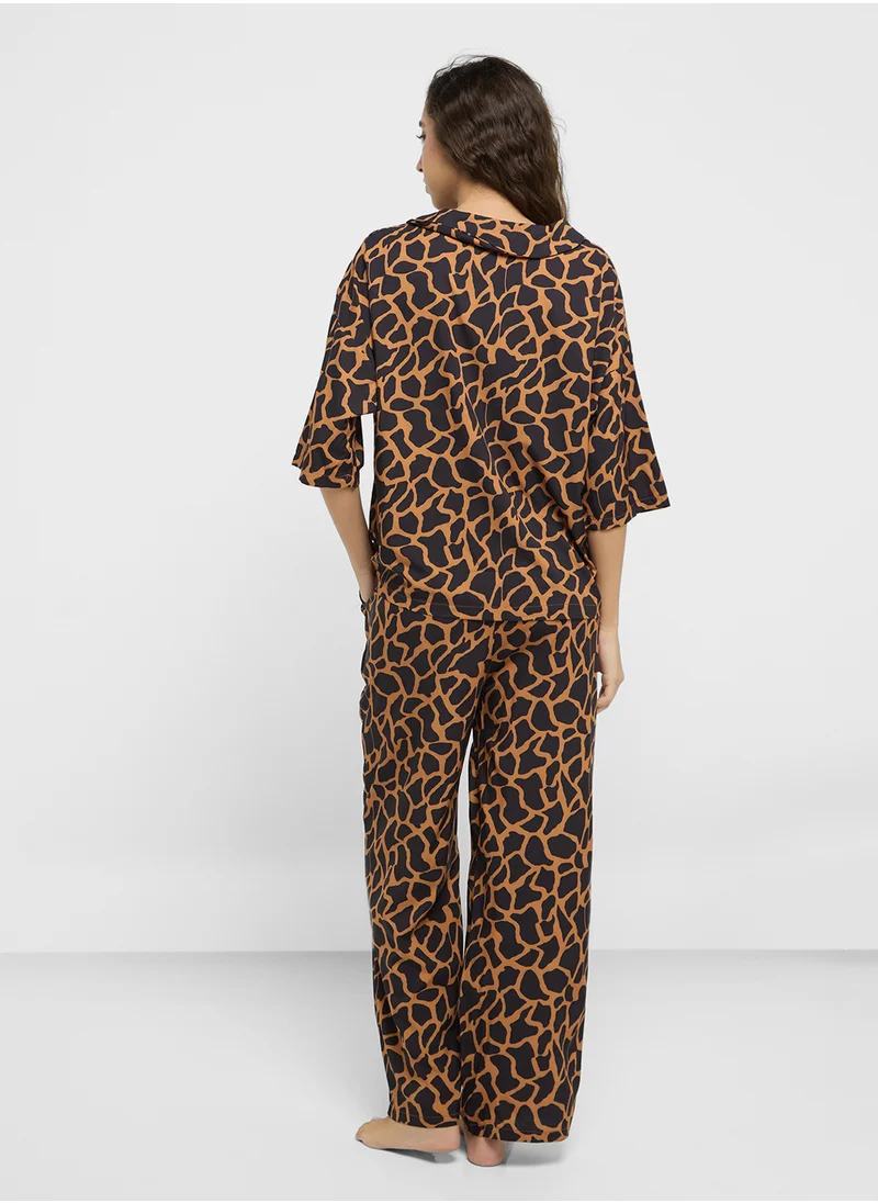 جينجر Leopard Print Relaxed Shirt & Pyjama Set