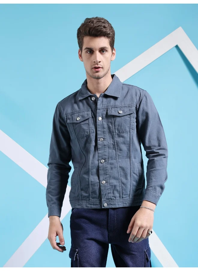 شركة المرآب الهندية Men Blue Slim Fit Cut N Sew Flap Pockets Drill Trucker Jacket