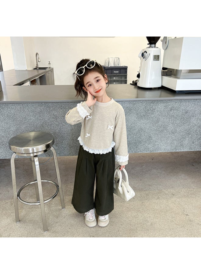 Spring And Autumn New Korean Style Girls' Fashionable Bowknot Long Sleeve Lace Trim T-shirt Versatile Top Trend
