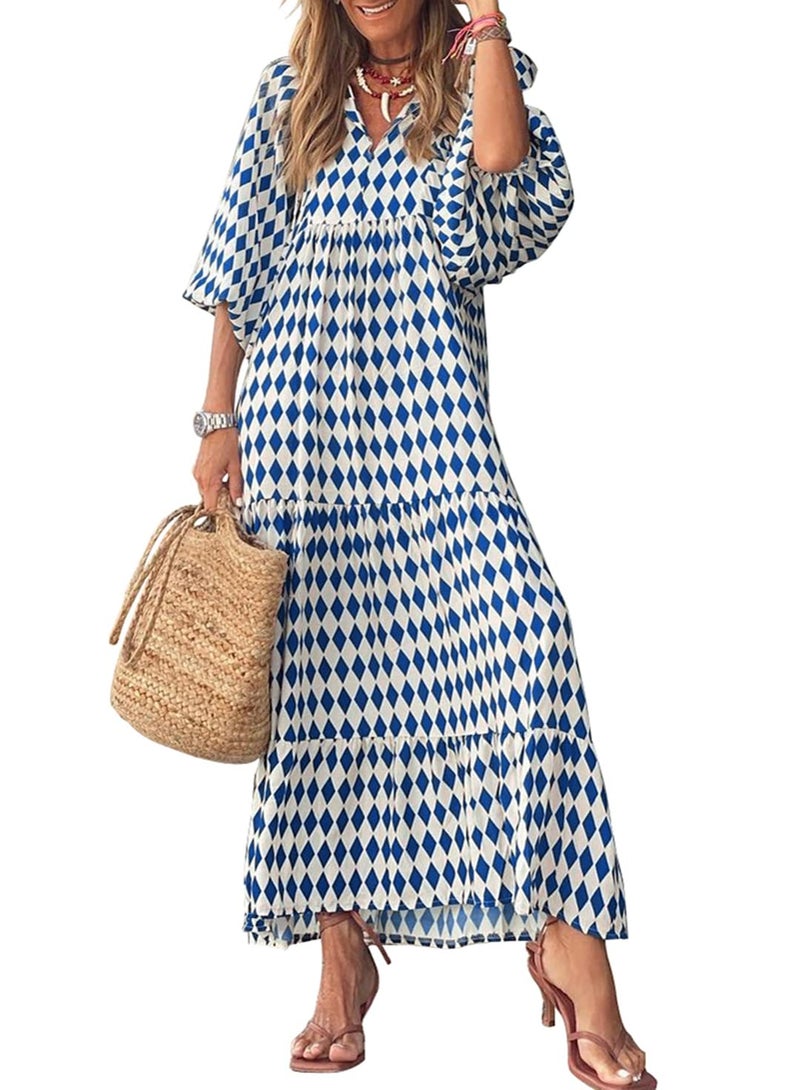 miduo Womens Casual Spring Summer V Neck Short Half Sleeve Bohemian Beach Geometric Pattern Maxi Long Dresses Prom Blue XL - Image 1