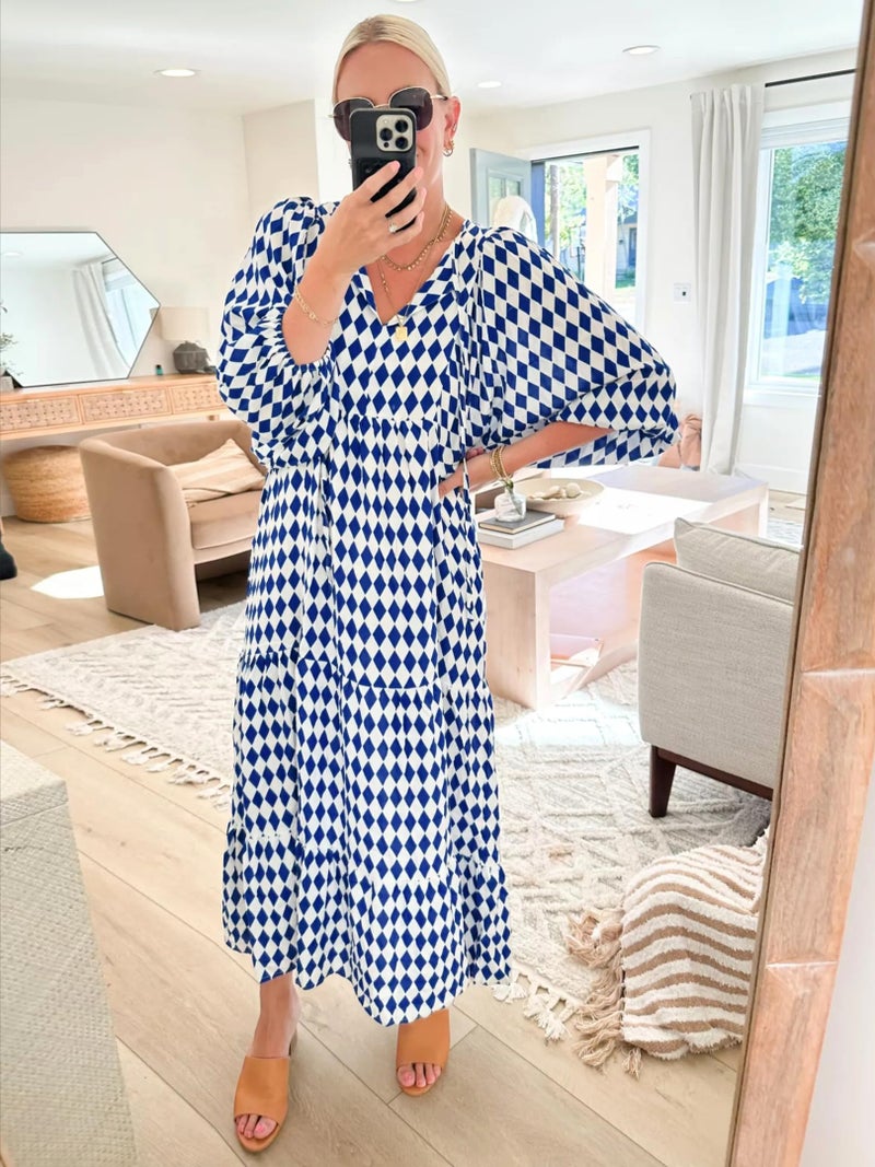 miduo Womens Casual Spring Summer V Neck Short Half Sleeve Bohemian Beach Geometric Pattern Maxi Long Dresses Prom Blue XL - Image 3