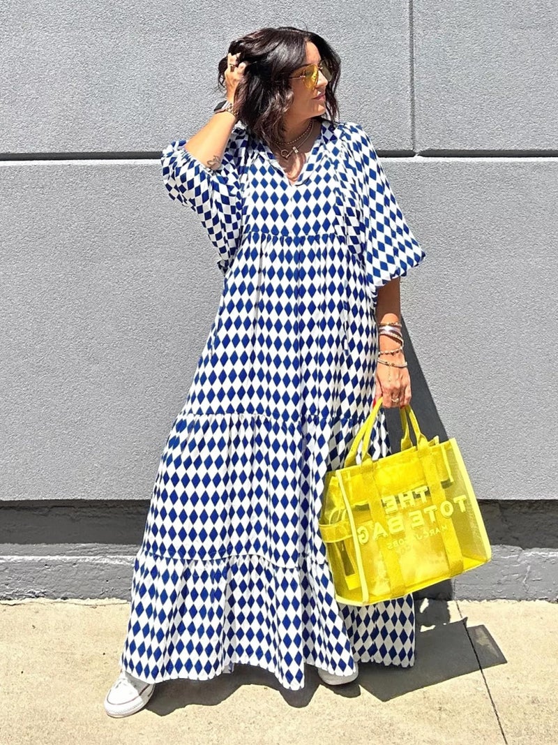 miduo Womens Casual Spring Summer V Neck Short Half Sleeve Bohemian Beach Geometric Pattern Maxi Long Dresses Prom Blue XL - Image 4