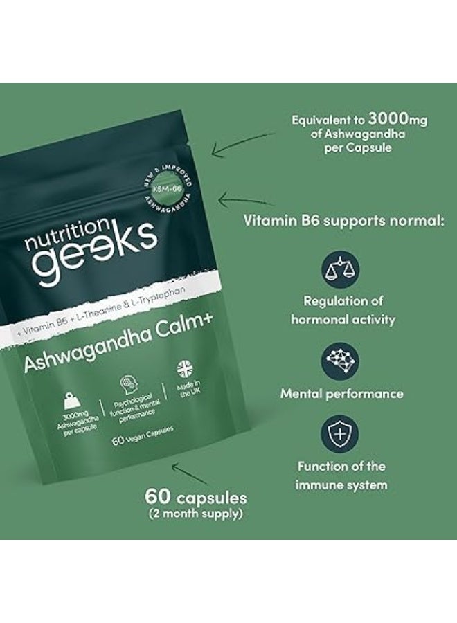 Nutrition Geeks مركب أشواغاندا KSM 66 - 3000 ملغ معزز بالأحماض الأمينية وفيتامين B6 (إمداد لمدة شهرين) - كبسولات أشواغاندا عالية القوة مع 250 ملغ من المستخلص (ليس حلوى أو مسحوق) - نباتي، مصنوع في المملكة المتحدة - Image 3