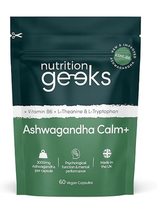 Nutrition Geeks مركب أشواغاندا KSM 66 - 3000 ملغ معزز بالأحماض الأمينية وفيتامين B6 (إمداد لمدة شهرين) - كبسولات أشواغاندا عالية القوة مع 250 ملغ من المستخلص (ليس حلوى أو مسحوق) - نباتي، مصنوع في المملكة المتحدة - Image 1
