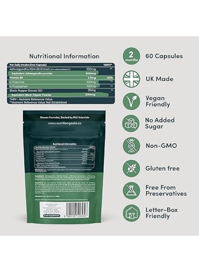 Nutrition Geeks مركب أشواغاندا KSM 66 - 3000 ملغ معزز بالأحماض الأمينية وفيتامين B6 (إمداد لمدة شهرين) - كبسولات أشواغاندا عالية القوة مع 250 ملغ من المستخلص (ليس حلوى أو مسحوق) - نباتي، مصنوع في المملكة المتحدة - Image 4