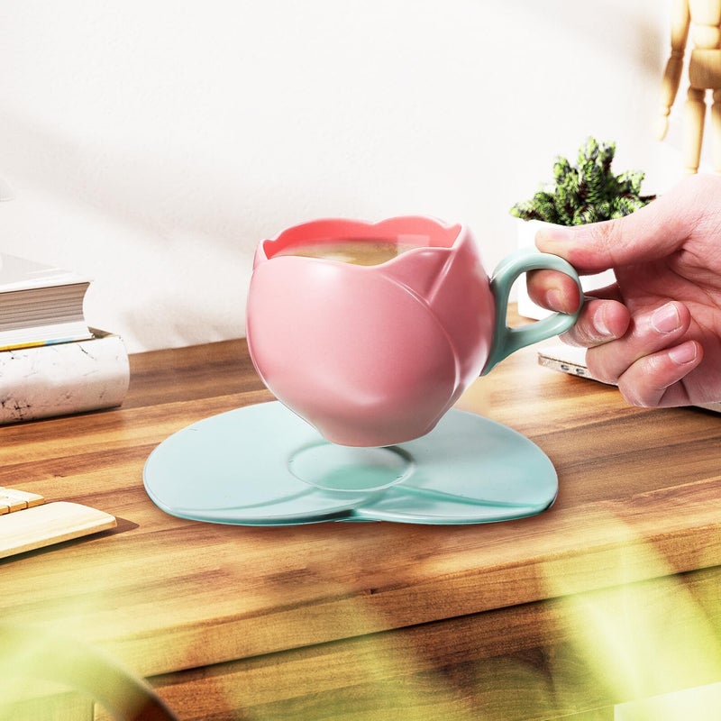 Pink Floral Ceramic Coffee Mug and Saucer Set with Coaster Retro Home Tea Cup - Image 5