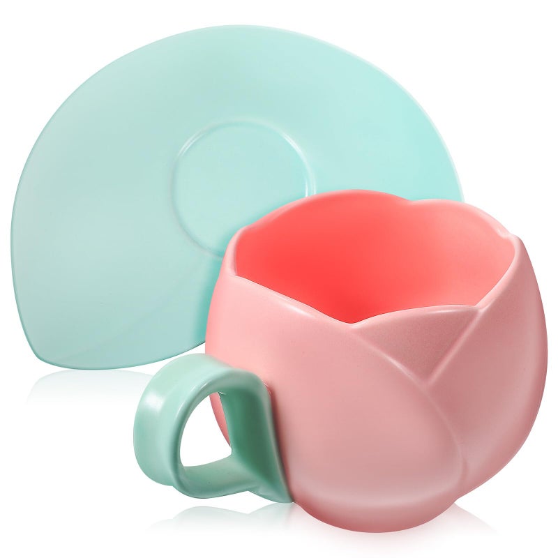 Pink Floral Ceramic Coffee Mug and Saucer Set with Coaster Retro Home Tea Cup - Image 2