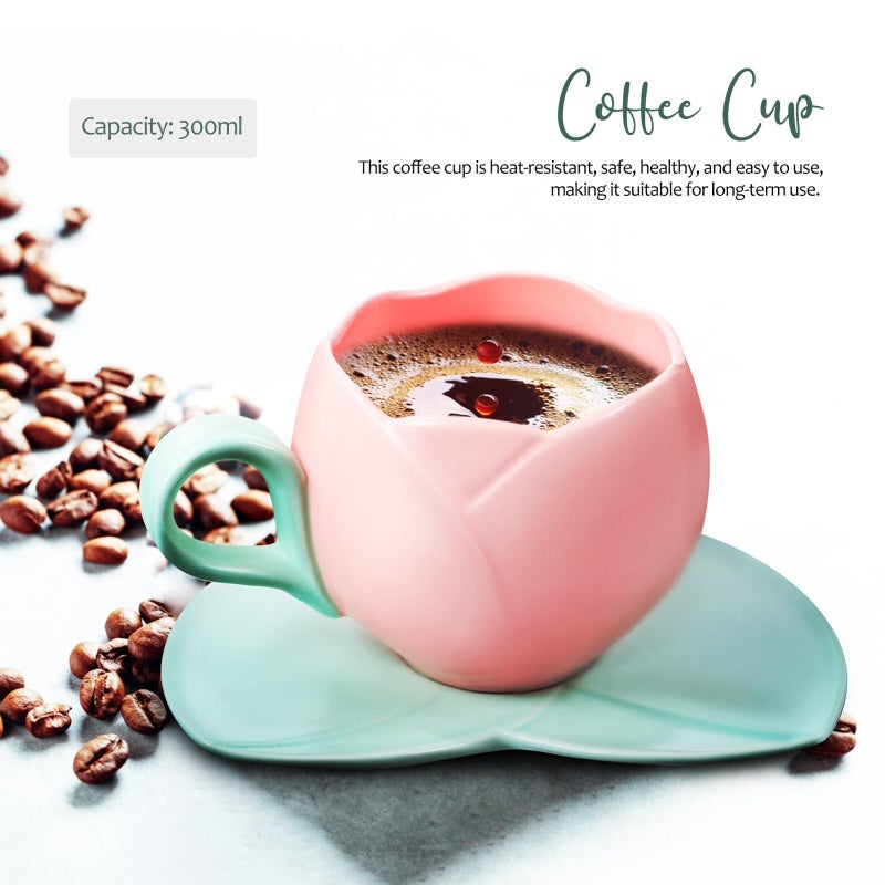Pink Floral Ceramic Coffee Mug and Saucer Set with Coaster Retro Home Tea Cup - Image 4