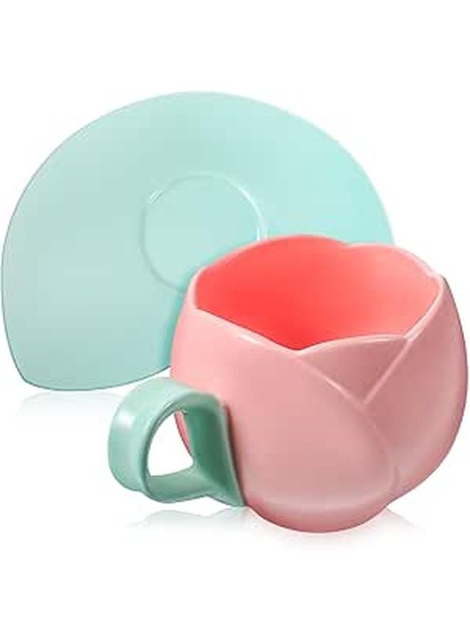 Pink Floral Ceramic Coffee Mug and Saucer Set with Coaster Retro Home Tea Cup - Image 1